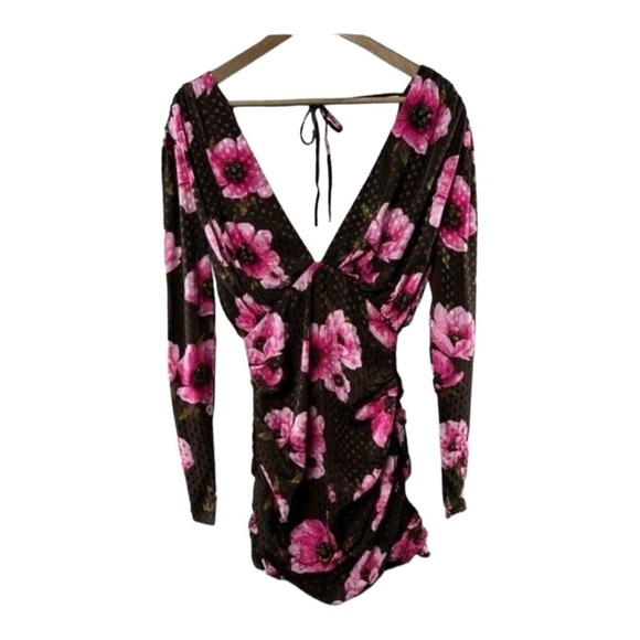 LOVERS + FRIENDS Brown Pink Floral Ruched Open Back Mini Dress XS NWT - Picture 7 of 11